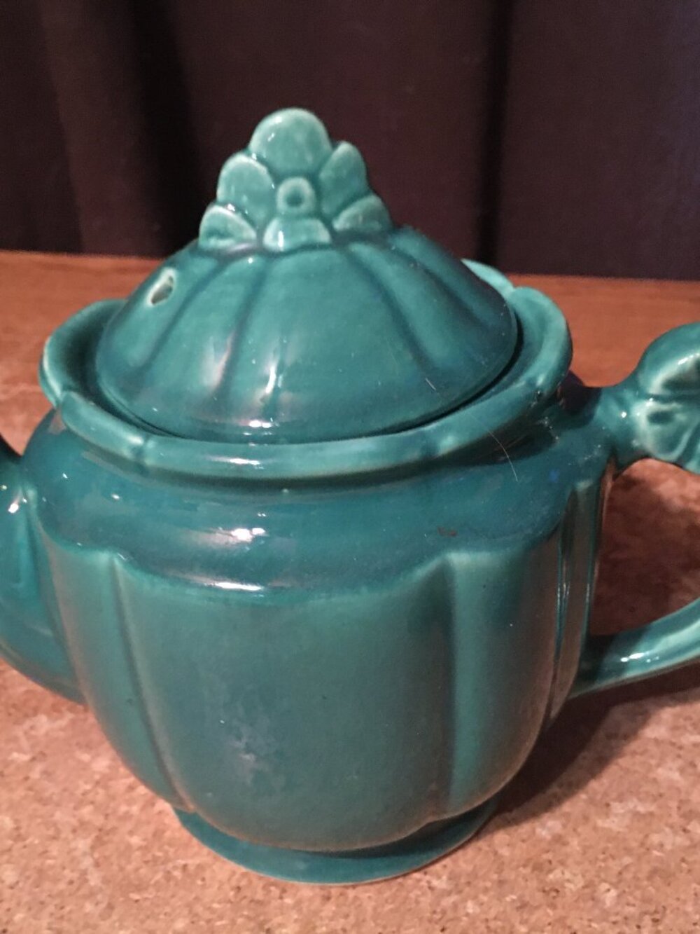 SHAWNEE POTTERY TEA POT GREEN TURQUOISE FLOWER HANDLE LID USA